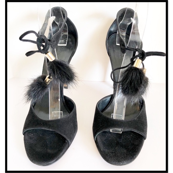 Gucci Shoes - Gucci Black Suede Heels / Mink Pom Pom Tassels
